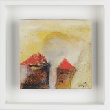 Häuser; Öl, Pigment, Tusche auf Leinwand, Holzrahmen , 20x20x3 cm; 2010